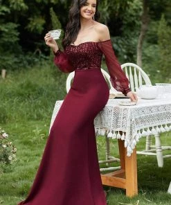 Ever-Pretty US Fashion Off The Shoulder Sequin Evening Gowns With Tulle Sleeve