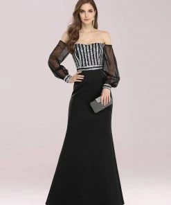 Ever-Pretty US Fashion Off The Shoulder Sequin Evening Gowns With Tulle Sleeve