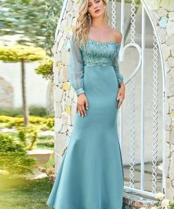 Ever-Pretty US Fashion Off The Shoulder Sequin Evening Gowns With Tulle Sleeve
