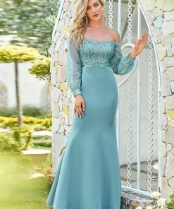 Ever-Pretty US Fashion Off The Shoulder Sequin Evening Gowns With Tulle Sleeve