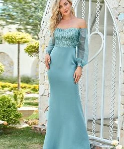 Ever-Pretty US Fashion Off The Shoulder Sequin Evening Gowns With Tulle Sleeve