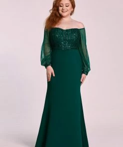 Ever-Pretty US Plus Size Off-Shoulder Long Sleeve Sequin Formal Dresses