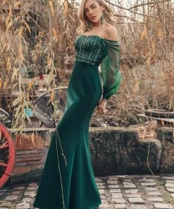 Ever-Pretty US Fashion Off The Shoulder Sequin Evening Gowns With Tulle Sleeve