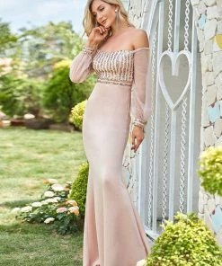 Ever-Pretty US Fashion Off The Shoulder Sequin Evening Gowns With Tulle Sleeve