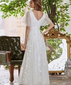 Ever-Pretty US Vintage Floral Lace Print Wedding Dresses With Tulle Sleeve