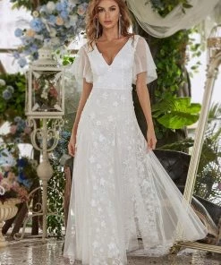 Ever-Pretty US Vintage Floral Lace Print Wedding Dresses With Tulle Sleeve