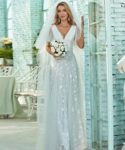 Ever-Pretty US Vintage Floral Lace Print Wedding Dresses With Tulle Sleeve