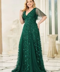 Ever-Pretty US Ruffle Dresses Custom Size V Neck Ruffle Sleeves Sequin Maxi Evening Dress