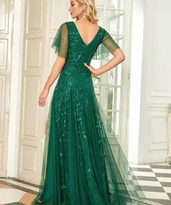 Ever-Pretty US Shimmery V Neck Ruffle Sleeves Sequin Maxi Long Evening Dress