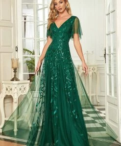 Ever-Pretty US Shimmery V Neck Ruffle Sleeves Sequin Maxi Long Evening Dress
