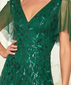 Ever-Pretty US Shimmery V Neck Ruffle Sleeves Sequin Maxi Long Evening Dress