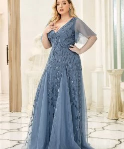 Ever-Pretty US Ruffle Dresses Custom Size V Neck Ruffle Sleeves Sequin Maxi Evening Dress