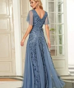Ever-Pretty US Shimmery V Neck Ruffle Sleeves Sequin Maxi Long Evening Dress
