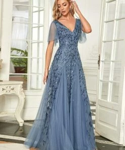 Ever-Pretty US Shimmery V Neck Ruffle Sleeves Sequin Maxi Long Evening Dress