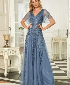 Ever-Pretty US Shimmery V Neck Ruffle Sleeves Sequin Maxi Long Evening Dress