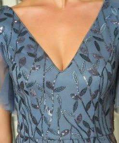 Ever-Pretty US Shimmery V Neck Ruffle Sleeves Sequin Maxi Long Evening Dress