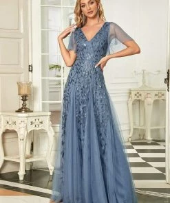 Ever-Pretty US Shimmery V Neck Ruffle Sleeves Sequin Maxi Long Evening Dress