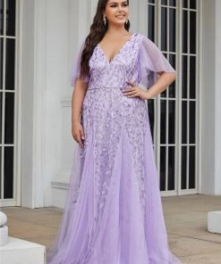 Ever-Pretty US Ruffle Dresses Custom Size V Neck Ruffle Sleeves Sequin Maxi Evening Dress