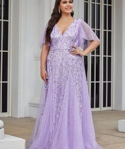 Ever-Pretty US SHOP BY OCCASION Plus Size V Neck Maxi Sequin Tulle Formal Dresses