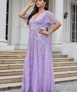 Ever-Pretty US SHOP BY OCCASION Plus Size V Neck Maxi Sequin Tulle Formal Dresses