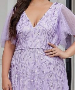 Ever-Pretty US SHOP BY OCCASION Plus Size V Neck Maxi Sequin Tulle Formal Dresses