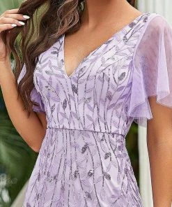 Ever-Pretty US Shimmery V Neck Ruffle Sleeves Sequin Maxi Long Evening Dress