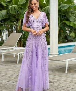 Ever-Pretty US Shimmery V Neck Ruffle Sleeves Sequin Maxi Long Evening Dress