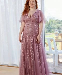 Ever-Pretty US Plus Size Shimmery V Neck Formal Evening Gowns With Ruffles Sleeves