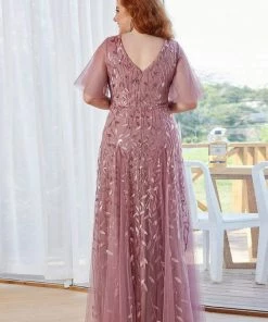 Ever-Pretty US Plus Size Shimmery V Neck Formal Evening Gowns With Ruffles Sleeves