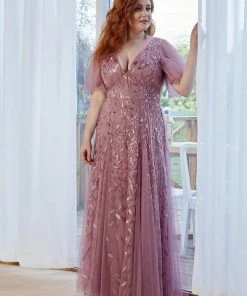 Ever-Pretty US SHOP BY OCCASION Plus Size V Neck Maxi Sequin Tulle Formal Dresses
