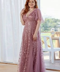 Ever-Pretty US SHOP BY OCCASION Plus Size V Neck Maxi Sequin Tulle Formal Dresses