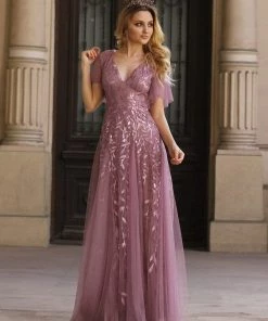Ever-Pretty US Shimmery V Neck Ruffle Sleeves Sequin Maxi Long Evening Dress