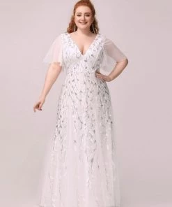 Ever-Pretty US Ruffle Dresses Custom Size V Neck Ruffle Sleeves Sequin Maxi Evening Dress