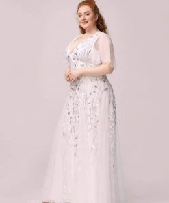 Ever-Pretty US Plus Size Shimmery V Neck Formal Evening Gowns With Ruffles Sleeves