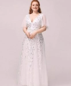 Ever-Pretty US Plus Size Shimmery V Neck Formal Evening Gowns With Ruffles Sleeves