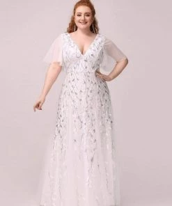 Ever-Pretty US SHOP BY OCCASION Plus Size V Neck Maxi Sequin Tulle Formal Dresses
