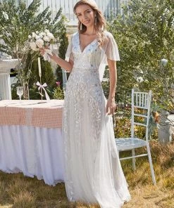 Ever-Pretty US Shimmery V Neck Ruffle Sleeves Sequin Maxi Long Evening Dress