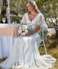 Ever-Pretty US Shimmery V Neck Ruffle Sleeves Sequin Maxi Long Evening Dress