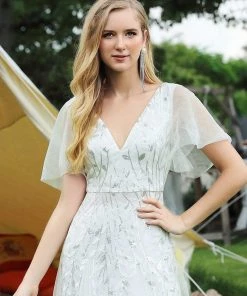 Ever-Pretty US Shimmery V Neck Ruffle Sleeves Sequin Maxi Long Evening Dress