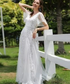 Ever-Pretty US Shimmery V Neck Ruffle Sleeves Sequin Maxi Long Evening Dress