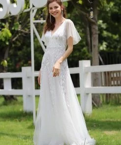 Ever-Pretty US Shimmery V Neck Ruffle Sleeves Sequin Maxi Long Evening Dress