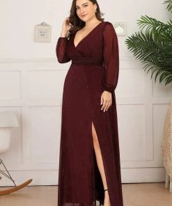 Ever-Pretty US Plus Size V-Neck Shiny Puff Sleeve Evening Dress For Women Party Dresses