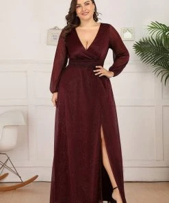 Ever-Pretty US Plus Size V-Neck Shiny Puff Sleeve Evening Dress For Women Party Dresses