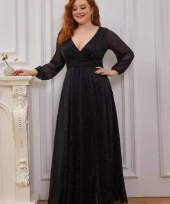 Ever-Pretty US Plus Size V-Neck Shiny Puff Sleeve Evening Dress For Women Party Dresses