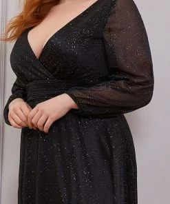 Ever-Pretty US Plus Size V-Neck Shiny Puff Sleeve Evening Dress For Women Party Dresses