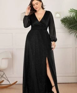 Ever-Pretty US Plus Size V-Neck Shiny Puff Sleeve Evening Dress For Women Party Dresses