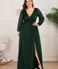 Ever-Pretty US Plus Size V-Neck Shiny Puff Sleeve Evening Dress For Women Party Dresses