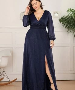 Ever-Pretty US Plus Size V-Neck Shiny Puff Sleeve Evening Dress For Women Party Dresses