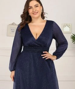Ever-Pretty US Plus Size V-Neck Shiny Puff Sleeve Evening Dress For Women Party Dresses