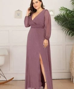 Ever-Pretty US Plus Size V-Neck Shiny Puff Sleeve Evening Dress For Women Party Dresses